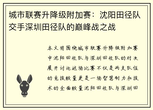城市联赛升降级附加赛：沈阳田径队交手深圳田径队的巅峰战之战